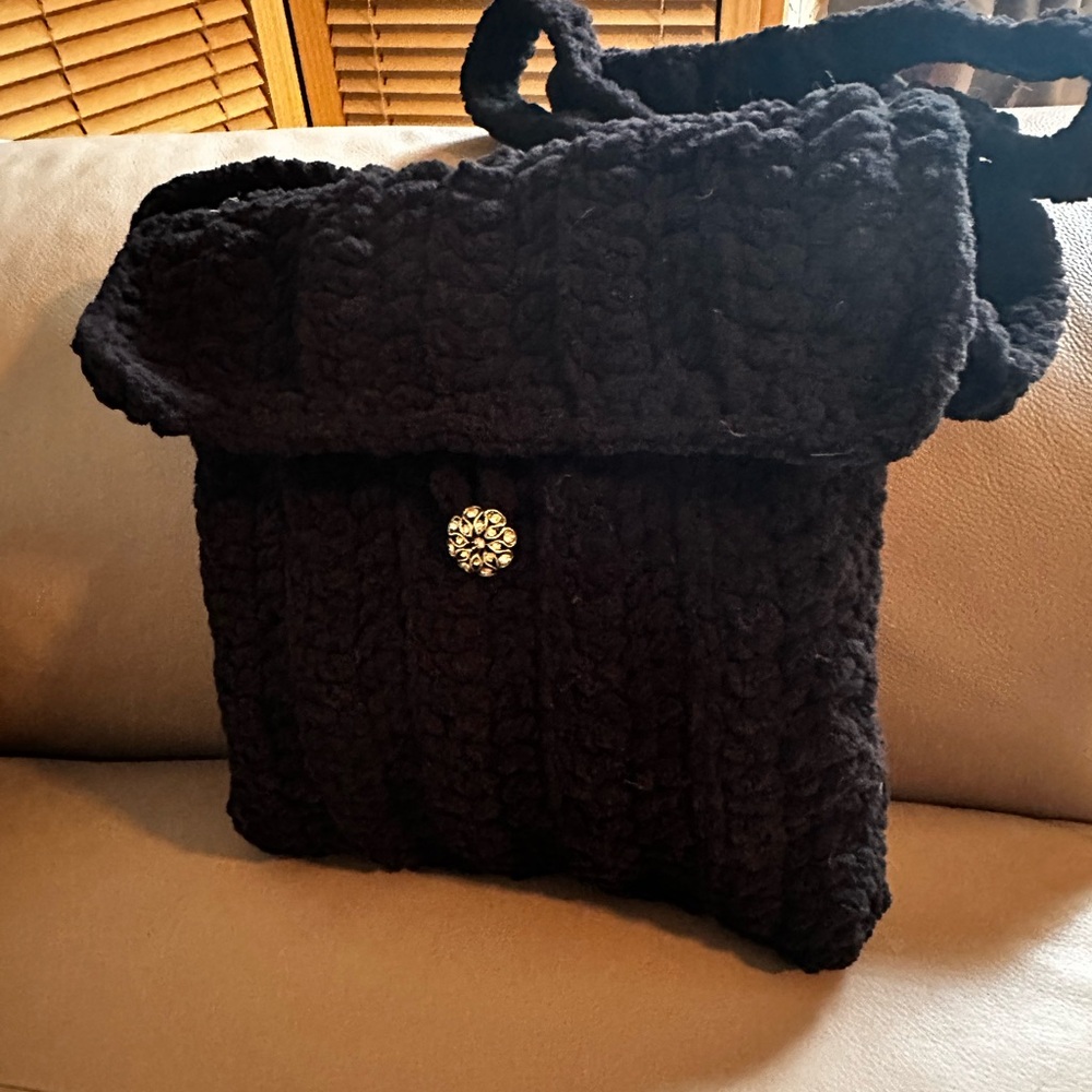 Hand knit crochet boho style black hobo crossbody bag purse